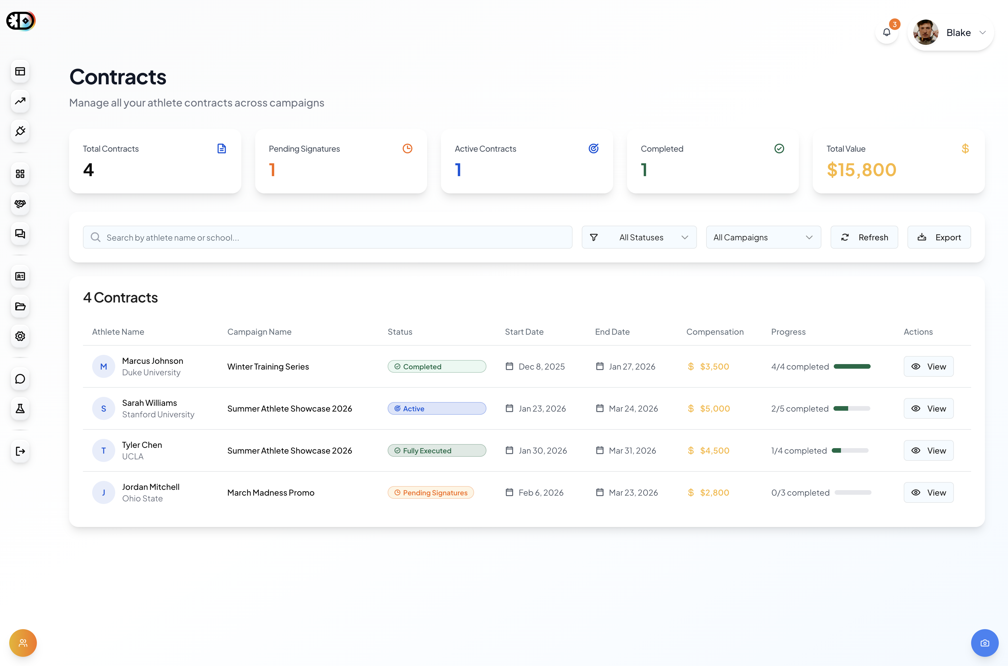 Contracts dashboard with stats and athlete table